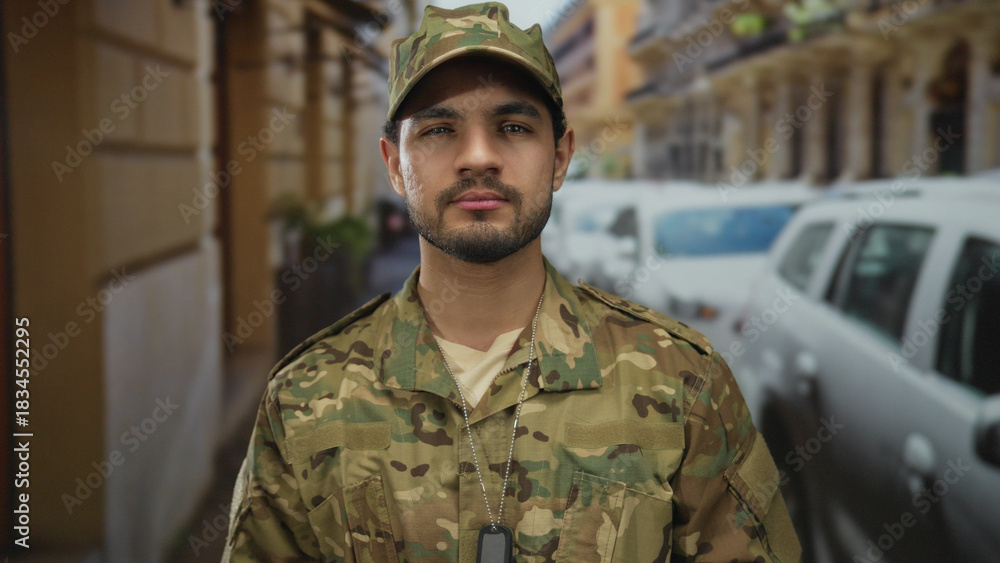 Fototapeta premium Man in camouflage uniform and cap shows metal dogtag chain on street with vehicles in city; pride duty.