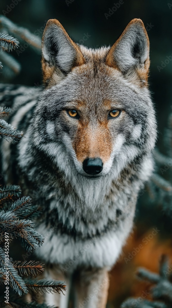 Obraz premium A close-up portrait of a wolf with piercing eyes, standing amidst pine branches in a forest.