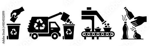 Black recycling process icons set showing waste sorting, garbage truck collection, factory processing, and glass bottle reuse in a simple flat glyph style