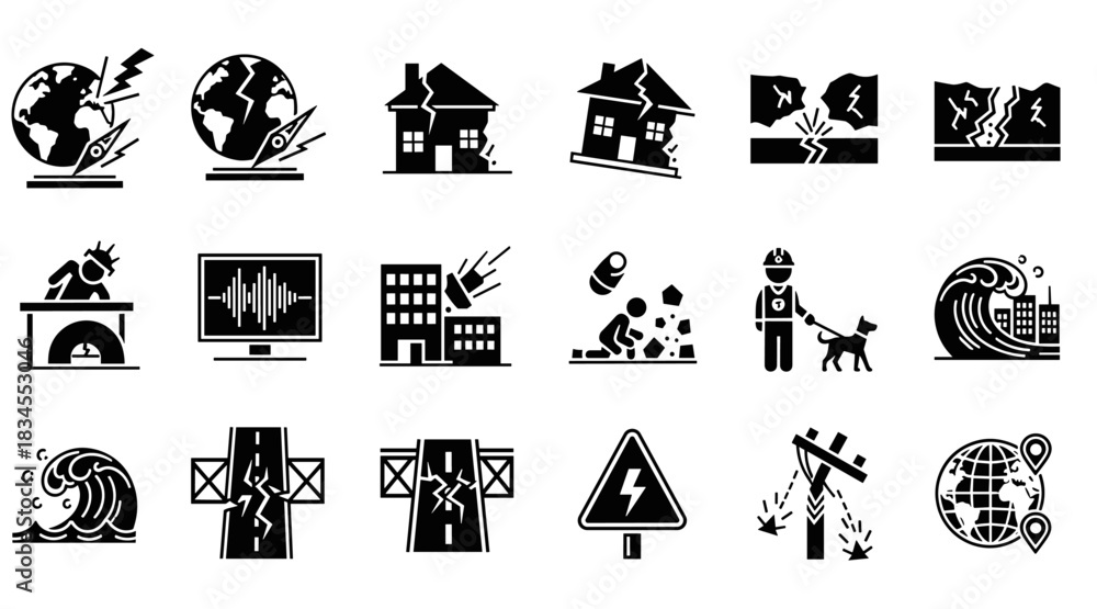Naklejka premium Earthquake and natural disaster solid glyph icons set showing destruction, tsunami waves, damaged buildings, rescue efforts, and seismograph readings for emergency concepts