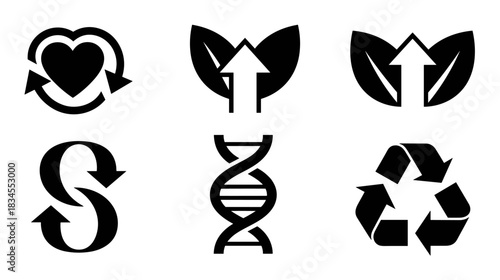 Six black vector graphic icons set featuring symbols for recycling, sustainable growth, health, genetics, and circular economy in a clean, modern flat design