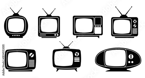 Seven black retro television set icons with different vintage designs, including antennas and classic screens, representing old electronic media and broadcast technology