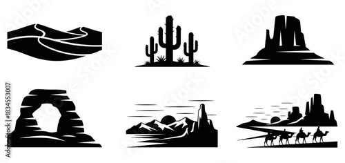 Six black vector icons showing desert scenes including sand dunes, a saguaro cactus, a butte, a stone arch, a mountain range, and a camel caravan in a simple graphic silhouette design