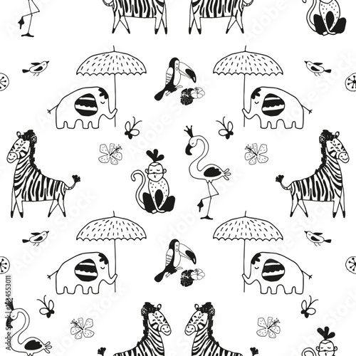 Tropical Animals Cute Funny Black and White Illustration Seamless Pattern Background