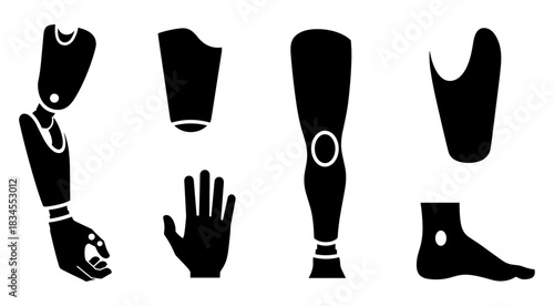 Prosthetic limbs icon set with artificial arm, leg, hand, and foot silhouettes in a minimalist graphic style for medical and disability concepts
