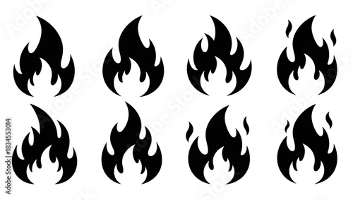 Eight black fire flame silhouette icons arranged in a set, featuring different stylized bonfire shapes and burning blaze designs in a minimalist vector illustration