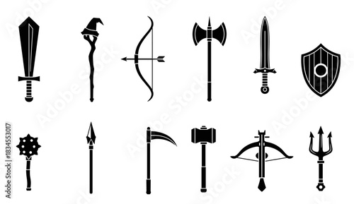 Collection of black medieval fantasy weapon icons including a sword, axe, bow, shield, mace, wizard staff, spear, hammer, and crossbow in a simple silhouette glyph style