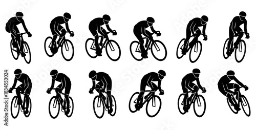 Collection of black cyclist silhouettes on road bicycles showing various racing positions and angles in a minimalist graphic icon set style for athletic competition concepts