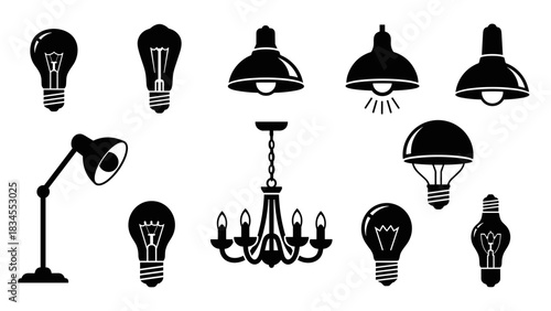 Black silhouette icons of various lamps and lightbulbs, including a desk lamp, chandelier, and pendant lights, representing different lighting and interior design elements