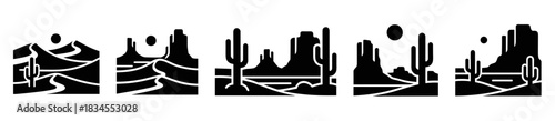 Set of five black desert landscape icons showing saguaro cacti, mountains, mesas, and the sun in a minimalist, graphic silhouette style for emblems or symbols