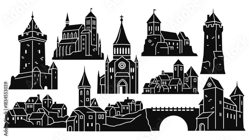 Set of black medieval building silhouettes including castles, churches, and villages in a graphic vector style illustration for historical or fantasy themes