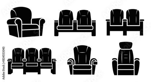 Collection of black silhouette chair icons showing different types of seating, including a classic armchair and various cinema or theater seats in a minimalist graphic vector style