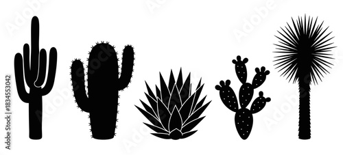 Collection of black desert plant silhouettes including saguaro, prickly pear, agave, and a palm tree in a minimalist, flat vector illustration style for nature or western themes