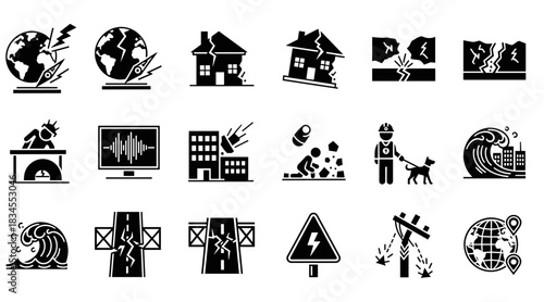 Earthquake and natural disaster solid glyph icons set showing destruction, tsunami waves, damaged buildings, rescue efforts, and seismograph readings for emergency concepts
