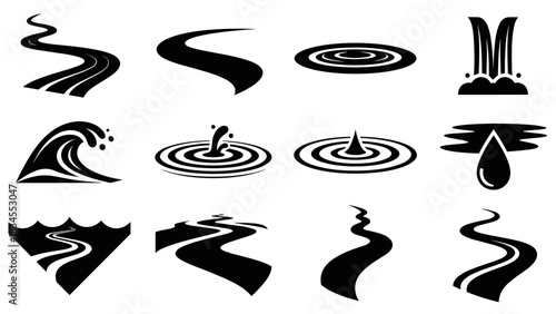 Set of twelve black water icons representing rivers, waves, waterfalls, drops, and ripples in a minimalist graphic silhouette style