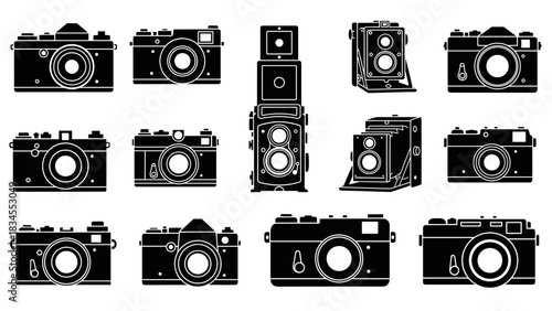 Collection of vintage camera icons in a minimalist black and white style showing various retro photography equipment like SLR, rangefinder, and twin-lens reflex models