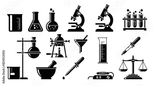Collection of black laboratory equipment icons including a microscope, beaker, flask, and test tubes for scientific research and experimentation in a simple flat vector style