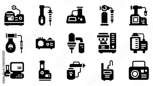 Collection of black glyph icons representing scientific laboratory equipment and industrial machinery for research, analysis, and experiments in a minimalist graphic style