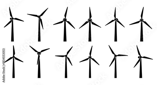 Black wind turbine silhouette icon set showing various angles of rotation, a collection of minimalist vector graphics for renewable energy and sustainable power generation concepts