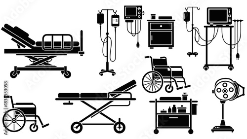 Medical hospital equipment black silhouette icon set including a bed, wheelchair, stretcher, IV drip, and surgical lamp for healthcare and clinic design elements