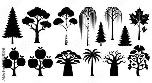 Diverse collection of black tree silhouettes featuring various species like pine, willow, palm, baobab, and maple, presented as a flat graphic icon set for design