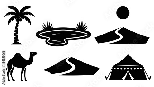 Set of six black desert life icons showing a camel, palm tree, oasis, sand dunes, sun, and a tent in a minimalist graphic silhouette vector illustration style