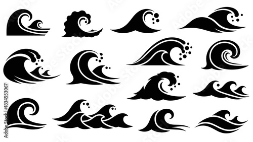 Collection of black stylized ocean wave icons showing various forms of sea surf, from simple curls to powerful crests with splashes, presented in a minimalist graphic silhouette style