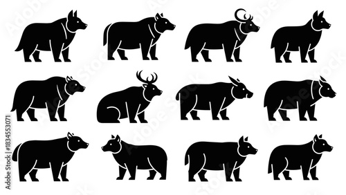 Collection of black animal silhouette icons featuring various wild mammals like bears, deer, wolves, and boars in a minimalist graphic design style for logos or pictograms