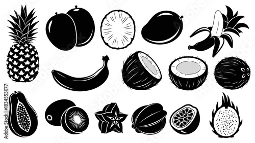 Black silhouette icons of various tropical fruits including pineapple, banana, coconut, mango, and papaya, a minimalist vector graphic collection for healthy food and exotic diet themes