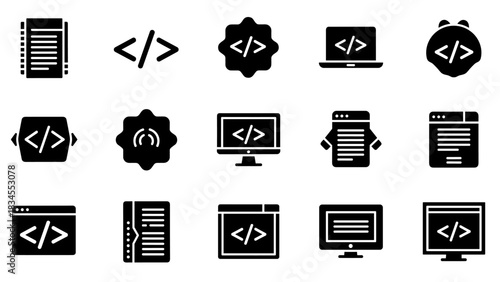 Collection of black glyph icons for programming and web development, featuring code symbols, computer screens, and browser windows in a minimalist flat design for user interface
