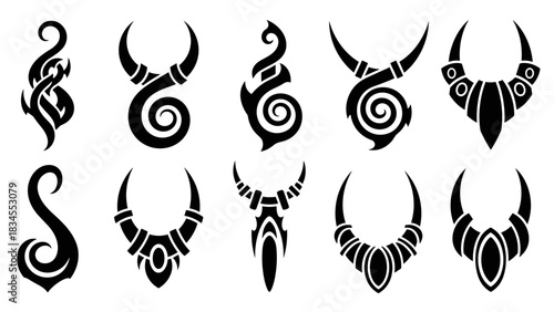 Collection of ten black tribal tattoo symbols with horns, spirals, and abstract shapes, illustrated as graphic design elements for fantasy or mythological themes