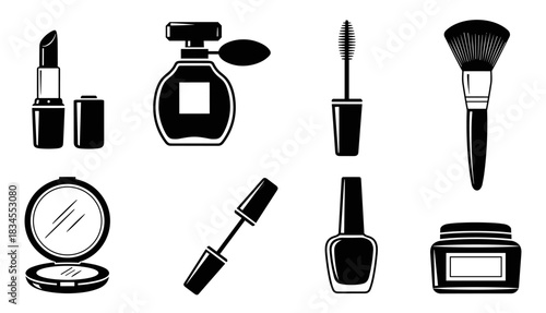 Collection of eight black beauty product icons featuring lipstick, perfume, mascara, a makeup brush, compact powder, nail polish, and a cream jar in a minimalist silhouette style
