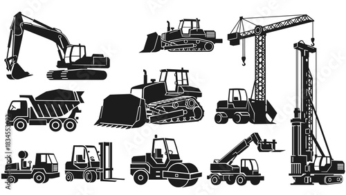Set of black construction vehicle silhouettes featuring an excavator, bulldozer, dump truck, crane, forklift, and road roller for various building industry projects