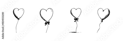 Heart-Shaped Balloons Doodle Sketch Set. Romantic Celebration And Love Symbolism In Hand Drawn Style Collection. Valentine Day And Festive Decoration. Isolated Vector Illustration