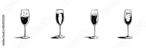 Champagne Flutes Doodle Sketch Set. Celebration And Festivity Symbol In Hand Drawn Style Collection. Elegant Glassware For Special Occasions. Hand Drawn Isolated Vector Illustration