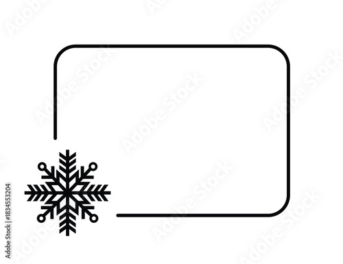 Minimal winter frame with black rounded rectangle border and geometric snowflake icon on white background, clean seasonal template for holiday greeting cards, invitations, social media and modern