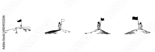 Astronauts Planting Flags On Hills Doodle Sketch Set. Exploration, Achievement, And Conquest In Space And Earth In Hand Drawn Style Collection. Isolated Vector Illustration