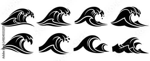 Collection of eight black ocean wave silhouettes in a stylized Japanese art style, depicting powerful sea surf with crests, foam, and dynamic splashing water movement