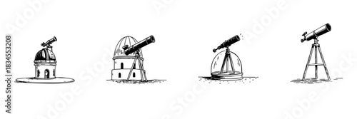 Observatory And Telescope Doodle Sketch Set. Astronomy Exploration And Stargazing Equipment In Hand Drawn Style Collection. Celestial Observation Tools. Isolated Vector Illustration