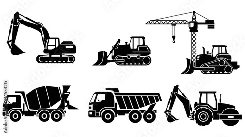 Set of black construction vehicle silhouettes including an excavator, bulldozer, tower crane, dump truck, and cement mixer in a clean, graphic, and minimalist vector icon style