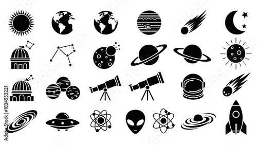 Collection of black space and astronomy icons featuring planets, a rocket ship, an alien, a telescope, a galaxy, a sun, and a UFO in a simple flat glyph style for science concepts