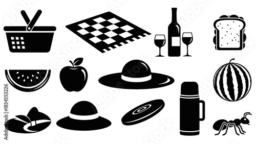 Collection of black silhouette picnic icons featuring a basket, checkered blanket, wine, sandwich, watermelon, apple, sun hats, thermos, and a flying disc for a summer outing