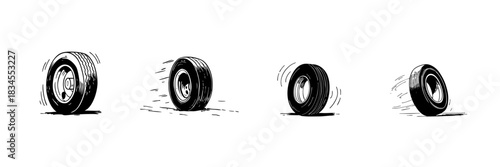 Rolling Tires Doodle Sketch Set. Motion And Speed Representation In Hand Drawn Style Collection. Dynamic Movement And Transportation Concept. Hand Drawn Isolated Vector Illustration