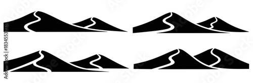 Mountain range silhouette icons with a path, a set of four black minimalist graphic design elements for adventure, travel, and hiking concepts