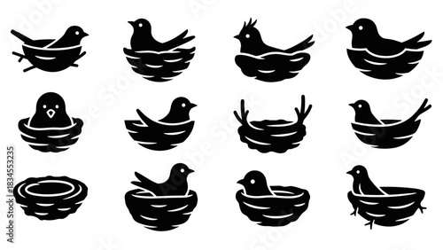 Collection of black bird nest icons showing various stylized birds and chicks sitting in their homes, representing nature, spring, and new life in a simple glyph set