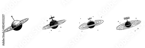 Planetary Exploration Doodle Sketch Set. Space Exploration And Satellite Communication In Hand Drawn Style Collection. Celestial Bodies With Satellites And Antennas. Isolated Vector Illustration