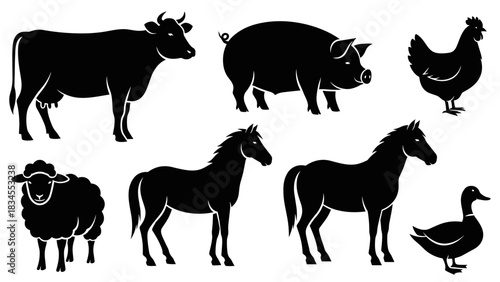 Collection of black farm animal silhouettes including a cow, pig, chicken, sheep, horse, and duck in a stylized graphic illustration set for agricultural concepts