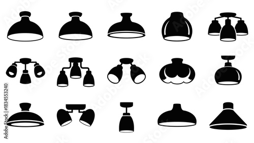 Set of black ceiling lamp icons featuring various modern and classic designs, including pendant lights, chandeliers, and spotlights in a minimalist graphic silhouette style