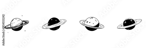 Ringed Planets Doodle Sketch Set. Celestial Bodies And Astronomy Exploration In Hand Drawn Style Collection. Space And Universe Illustration. Isolated Vector Illustration