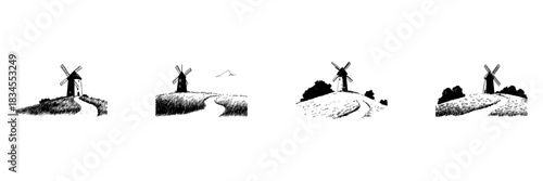 Windmill Landscape Doodle Sketch Set. Rural Scenery And Countryside Charm In Hand Drawn Style Collection. Vintage Agricultural Scene. Isolated Vector Illustration